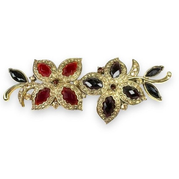 Monet Jewelry - Monet Gold Tone Red Crystal Flower Leaves Brooch Vintage 3 3/4” x 1 1/2”